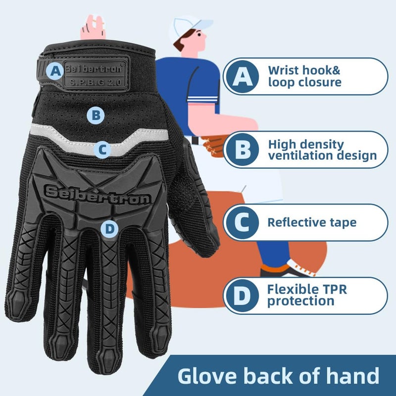 Seibertron S.P.B.G 2.0 Baseball/Softball Batting Super Grip and Protective Gloves Youth Black XL - Image 3